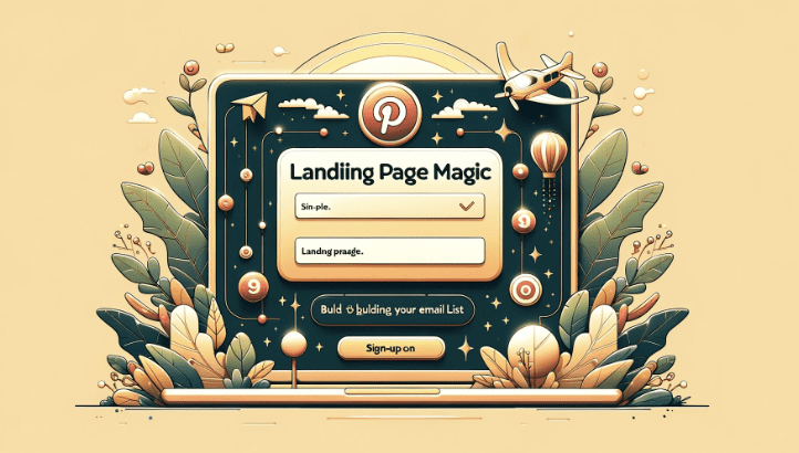 focusing on the crucial step of designing an inviting landing page with a straightforward sign-up form in the process of building an email list with Pinterest. The design aims to illustrate the seamless transition from engaging Pinterest pins to a landing page optimized for capturing email sign-ups, all while maintaining the cohesive color scheme and style established in the series.